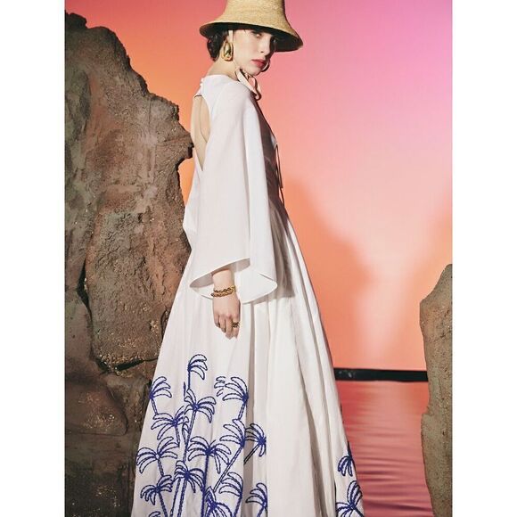 LACE THE LABEL PALM White Kaftan Dress OPEN BACK Embroidery Size S NWT $690 - Picture 2 of 7